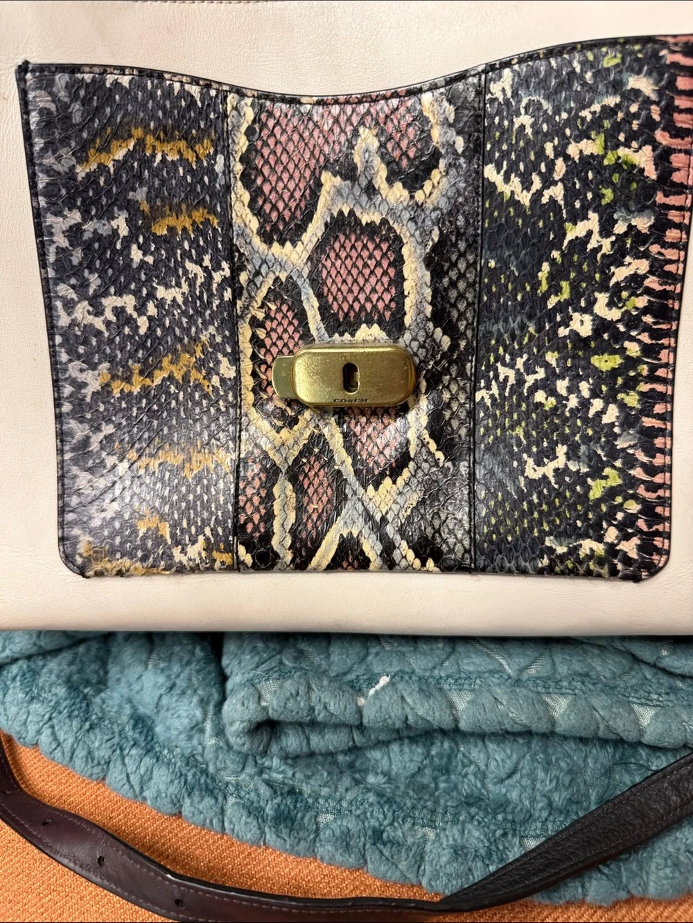 Coach Black, Cream & Multicolor Snakeskin Accent Satchel